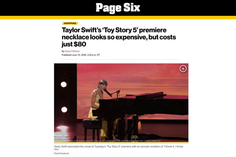 Page Six | Taylor Swift’s ‘Toy Story 5’ premiere necklace looks so expensive, but costs just $80
