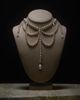 THE PEARL CHOKER LOW DROPS NECKLACE DRAPED OVER A NECK DISPLAY