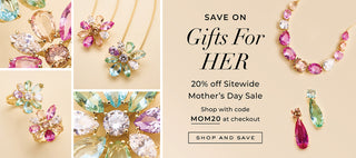 Save on gifts for her. 20% off sitewide Mother's Day Sale. Shop with code MOM20 at checkout. Images of pink, green, and blue colored floral earrings and pendants.