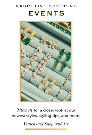 Nadri Live Shopping Events. Tune in for a closer look at our newest styles, styling tips and more! Image of mint green jewelry box filled with various earrings, rings, bracelets, and necklaces.