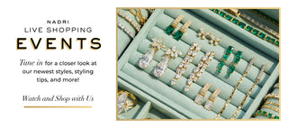 Nadri Live Shopping Events. Tune in for a closer look at our newest styles, styling tips and more! Image of mint green jewelry box filled with various earrings, rings, bracelets, and necklaces.
