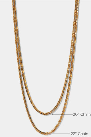 20" 18KT GOLD CUBAN CHAIN 2.75MM NECKLACE AND 22" 18KT GOLD CUBAN CHAIN 2.75MM NECKLACE SHOWN LAYERED TO SHOW THE DIFFERENCE IN LENGTH WHICH IS DETAILED WITH A DESCRIPTION AND ARROWS POINTING TO EACH LENGTH ACCORDINGLY. 