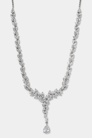 SAVANNAH DRAMA CZ CLUSTER Y NECKLACE IN RHODIUM PLATING.