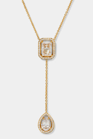 RADIANT DOUBLE HALO CZ Y NECKLACE IN GOLD PLATING.