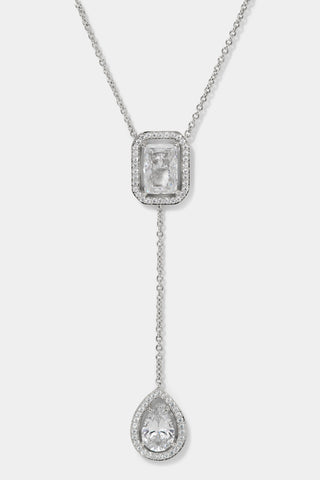 RADIANT DOUBLE HALO CZ Y NECKLACE IN RHODIUM PLATING.