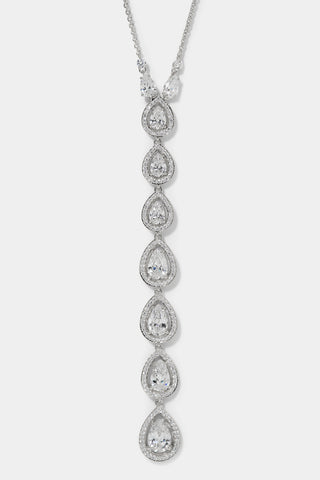 RADIANT LONG PEAR CZ Y NECKLACE IN RHODIUM PLATING.