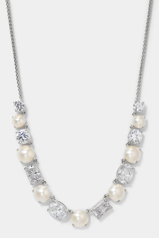 LONDON MIXED CZ AND PEARL FRONTAL NECKLACE IN RHODIUM PLATING.