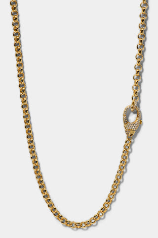 CLOSE UP OF THE CLASP OF THE GEMINI PAVE COLLAR NECKALCE IN GOLD FINISH