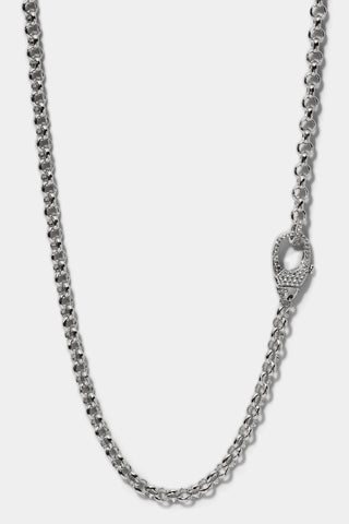 CLOSE UP OF THE CLASP OF THE GEMINI PAVE COLLAR NECKALCE IN RHODIUM FINISH