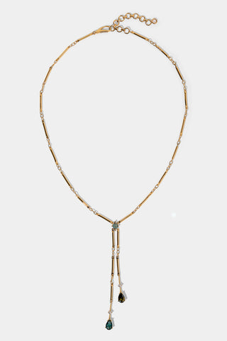 HERA MULTI FAUX LARIAT NECKLACE WITH MULTI COLORED STONES AND GOLD PLATING
