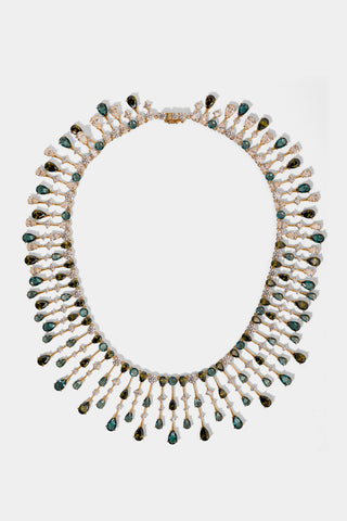 HERA MULTI DRAMA COLLAR NECKLACE WITH MULTI COLORED STONES AND GOLD PLATING