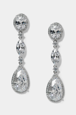 CZ PEAR AND OVAL DROP EARRINGS IN RHODIUM PLATING.