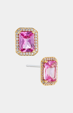 Modern Love Pink Emerald Halo Stud Earrings