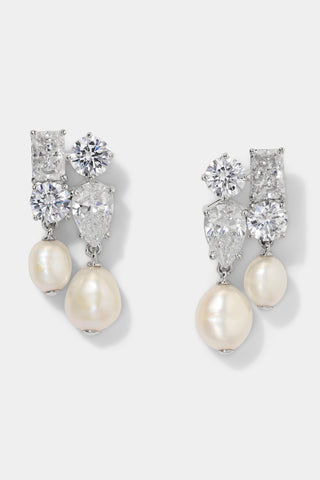 LONDON CLUSTER CZ PEARL DROP EARRINGS IN RHODIUM PLATING.