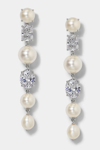 LONDON MIXED CZ AND PEARL LINEAR EARRINGS IN RHODIUM PLATING