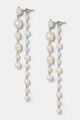 LONDON LONG LINEAR FRONTBACK PEARL EARRINGS IN RHODIUM PLATING