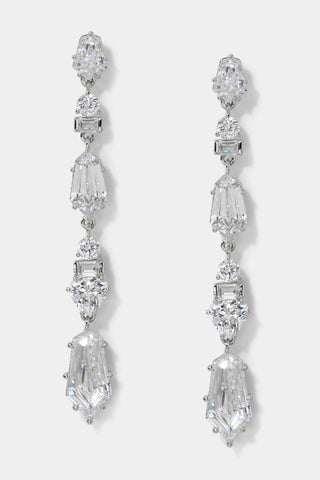 LUXOR KITE CZ LINEAR EARRINGS IN RHODIUM PLATING.