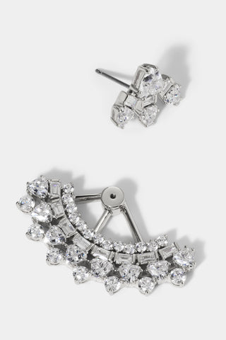 LUXOR CZ FAN JACKET EARRINGS IN RHODIUM - DETAIL SHOT SHOWING STUD AND BACK 