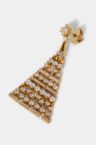 DETAIL SHOT OF LUXOR TRIANGLE CZ DROP EARRING IN GOLD PLATING. 