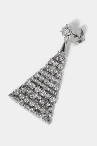 DETAIL SHOT OF LUXOR TRIANGLE CZ DROP EARRINGS IN RHODIUM PLATING. 