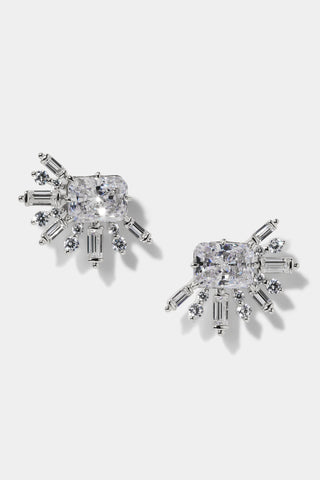STELLAR HALO CZ STUD EARRINGS IN RHODIUM PLATING