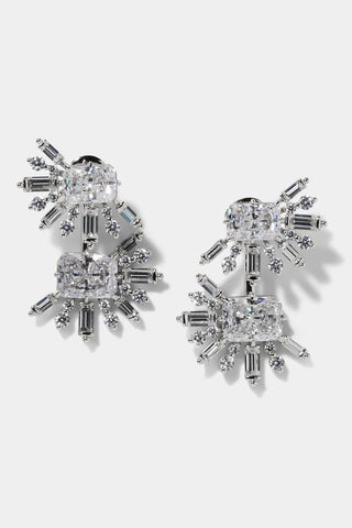 STELLAR HALO CZ JACKET EARRINGS IN RHODIUM PLATING