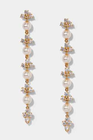 VENUS PEARL LONG LINEAR EARRINGS IN GOLD PLATING. 
