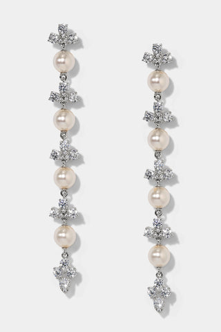 VENUS PEARL LONG LINEAR EARRINGS IN RHODIUM PLATING