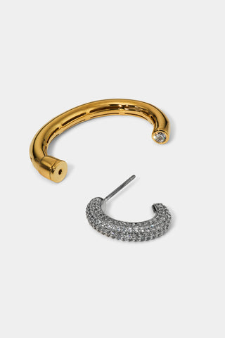 THE GEMINI FRONT BACK EARRINGS IN A TWO TONE FINISH, SEPARATED TO DEMONSTRATE THE TWO PIECES 