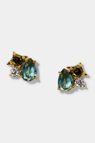 HERA MULTI SMALL CLUSTER EARRINGS WITH MULTI COLORED STONES AND GOLD PLATING