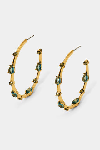 HERA MULTI ELONGATED HOOP EARRINGS WITH MULTI COLORED STONES AND GOLD PLATING