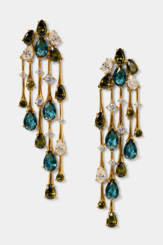 HERA MULTI CHANDELIER EARRINGS WITH MULTI COLORED STONES AND GOLD PLATING