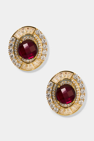 FRANCES RED OVAL BUTTON EARRINGS IN GOLD PLATING