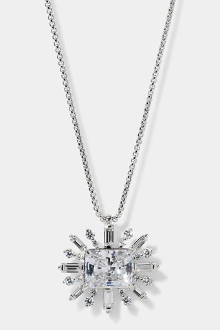 STELLAR CZ FULL HALO PENDANT NECKLACE IN RHODIUM PLATING