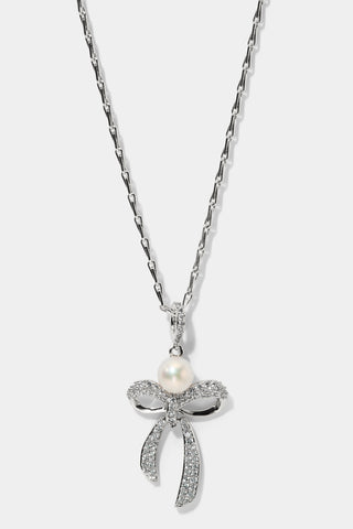 EROS BOW AND PEARL PENDANT NECKLACE IN RHODUM PLATING