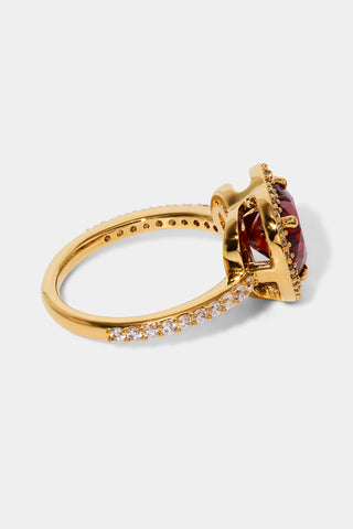 SIDE VIEW OF LE BISOU RED HALO HEART RING IN GOLD PLATING