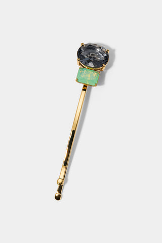 GREEN OVAL AND EMERALD CZ BOBBY PIN IN A GOLD TONE