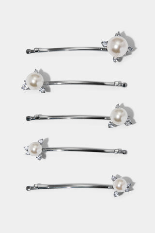 PEARL SET OF BOBBY PINS IN SILVER TONE