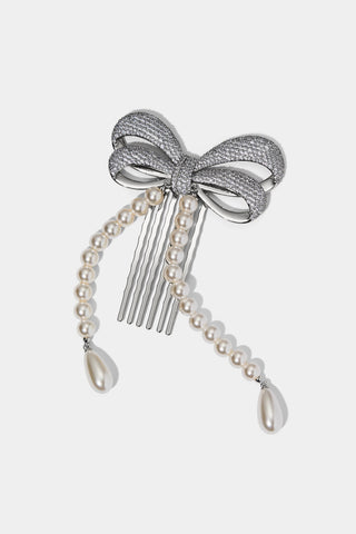 BOW PEARL STRAND HAIR COMB IN A SILVER TONE