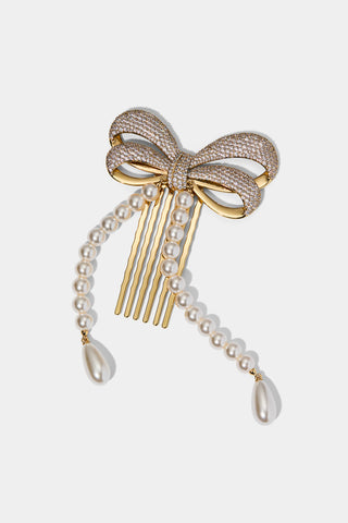 BOW PEARL STRAND HAIR COMB IN A GOLD TONE
