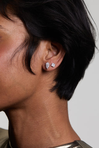 CLOSE UP OF A MODEL’S EAR WEARING THE LUCIA DUO STUD SET OF EARRINGS
