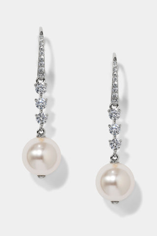 VENUS PEARL DROP LEVERBACK EARRINGS IN RHODIUM PLATING.