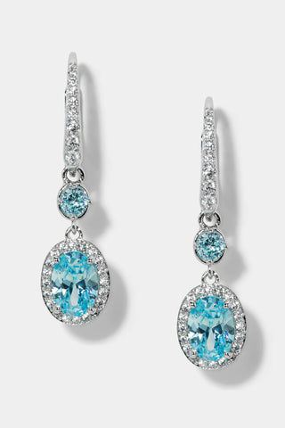 MAIDEN AQUA HALO OVAL LEVERBACK EARRINGS IN RHODIUM PLATING