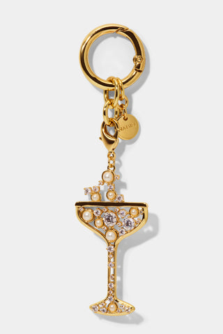 Champagne Glass Bag Charm with cubic zirconia and pearl accents.
