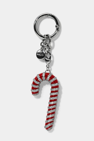 Candy cane-shaped bag charm with pave cubic zirconia accents on a white background