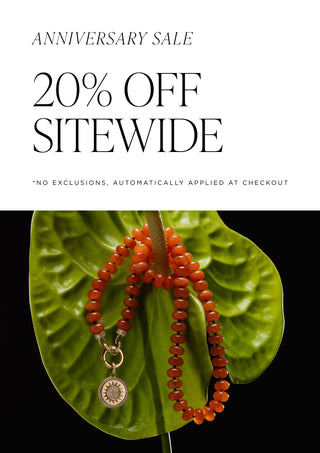 Anniversary Sale. 20% Off Sitewide. No exclusions. Automatically applied at checkout. Image of an orange beaded necklace on a plant.