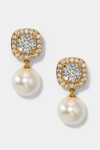 UNDER THE SEA CUSHION HALO PEARL DROP EARRINGS IN GOLD PLATING
