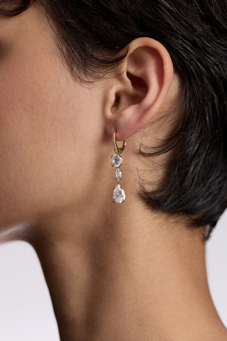 CLOSE UP OF A MODEL’S EAR, AS SHE WEARS THE TWINNIE LEVERBACK DROP EARRINGS