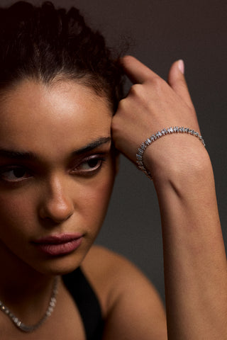 HALF OF A MODEL’S FACE LOOKING TO THE SIDE WITH HER AND LIFTED UP TO HER FOREHEAD, WEARING THE UNDER THE SEA MOSAIC LINE BRACELET