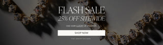 Promotional banner for a flash sale with jewelry on a dark background. Text reads "Flash Sale. 25% off sitewide. Use code "LUCKY" at checkout. Fine Jewelry Excluded.